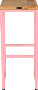 Pink metal stool with natural stain ash wood made in UK - back view square frame