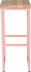 Pink metal stool with whitewash stain ash wood made in UK - front view square frame