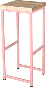 Pink metal stool with whitewash stain ash wood made in UK - angle view square frame
