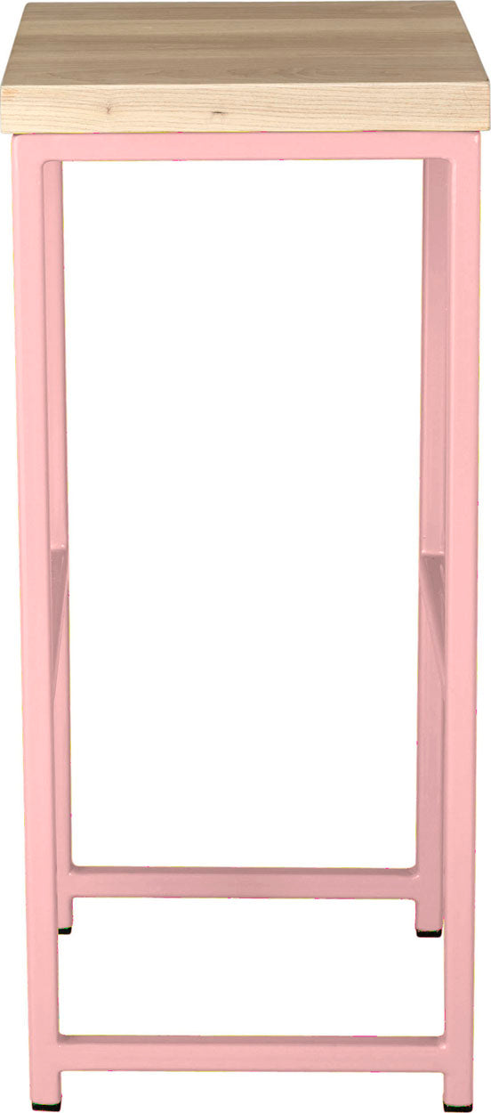 Pink metal stool with whitewash stain ash wood made in UK - side view square frame