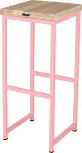Pink metal stool with whitewash stain ash wood made in UK - back side view square frame