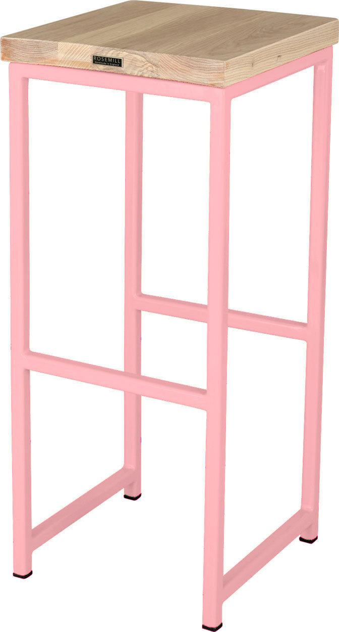 Pink metal stool with whitewash stain ash wood made in UK - back side view square frame