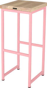 Pink metal stool with whitewash stain ash wood made in UK - back side view square frame