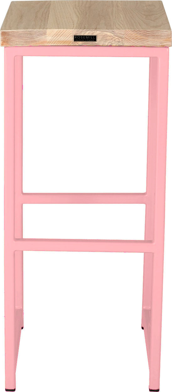 Pink metal stool with whitewash stain ash wood made in UK - back view square frame