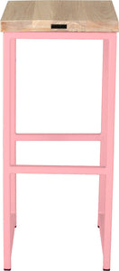 Pink metal stool with whitewash stain ash wood made in UK - back view square frame