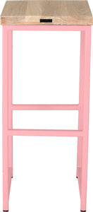 Pink metal stool with whitewash stain ash wood made in UK - back view square frame