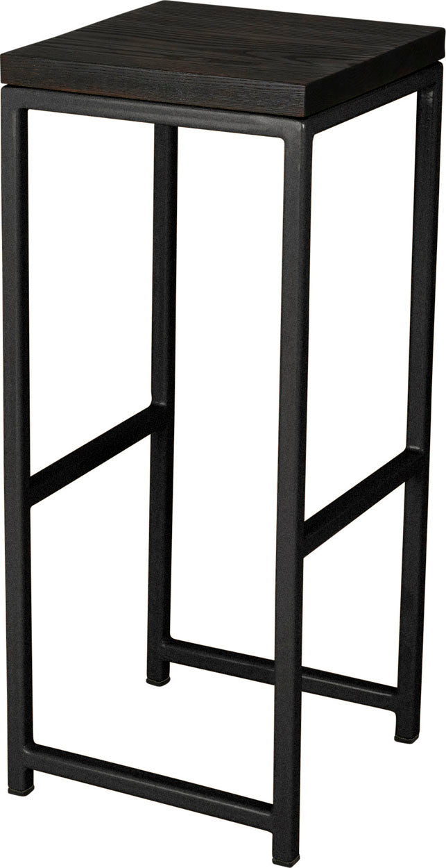 Gloss black metal stool with black stain ash wood made in UK - angle view square frame