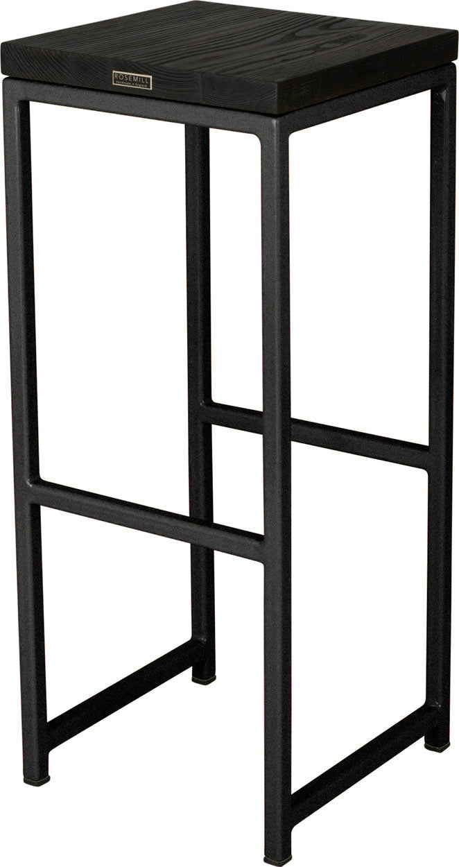 Gloss black metal stool with black stain ash wood made in UK - back side view square frame
