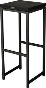 Gloss black metal stool with black stain ash wood made in UK - back side view square frame