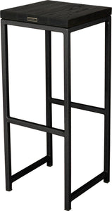 Gloss black metal stool with black stain ash wood made in UK - back side view square frame