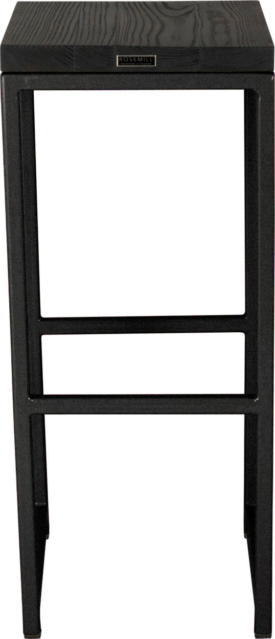 Gloss black metal stool with black stain ash wood made in UK - back view square frame