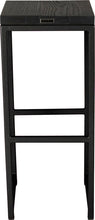 Load image into Gallery viewer, Gloss black metal stool with black stain ash wood made in UK - back view square frame
