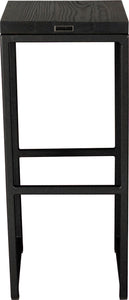 Gloss black metal stool with black stain ash wood made in UK - back view square frame