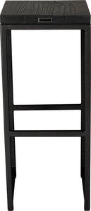 Gloss black metal stool with black stain ash wood made in UK - back view square frame
