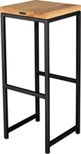 Load image into Gallery viewer, Gloss black metal stool with natural stain ash wood made in UK - back side view square frame
