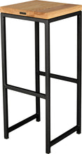 Load image into Gallery viewer, Gloss black metal stool with natural stain ash wood made in UK - back side view square frame
