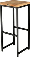 Load image into Gallery viewer, Gloss black metal stool with natural stain ash wood made in UK - back side view square frame
