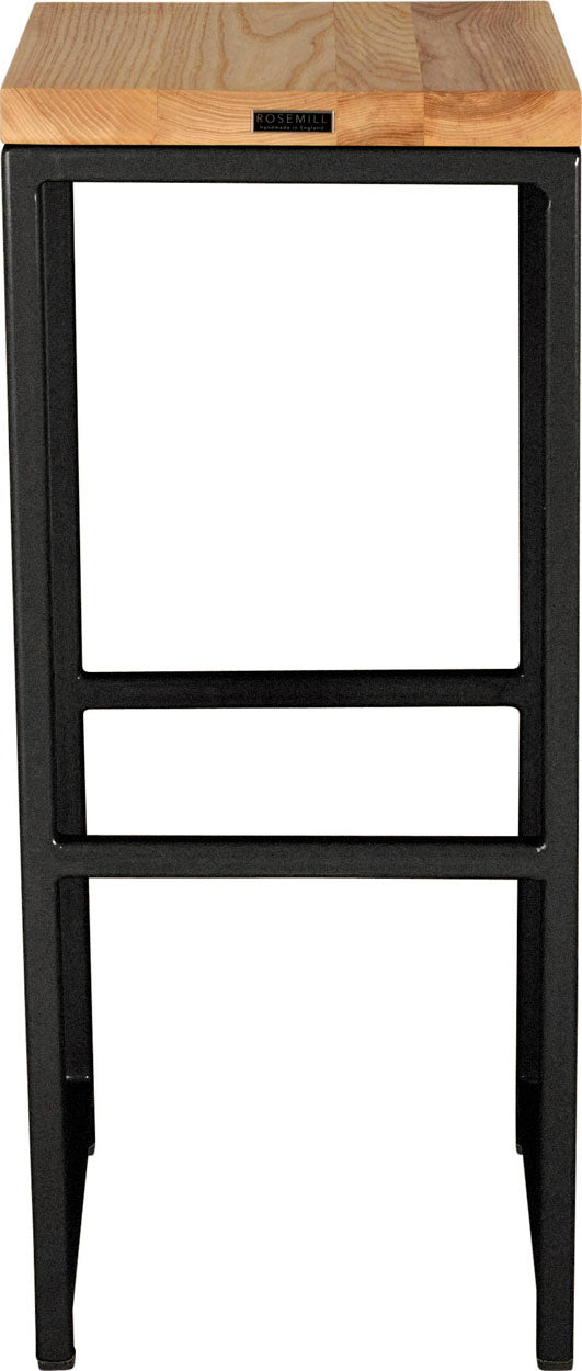 Gloss black metal stool with natural stain ash wood made in UK - back view square frame