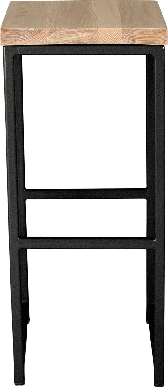 Gloss black metal stool with whitewash stain ash wood made in UK - front view square frame