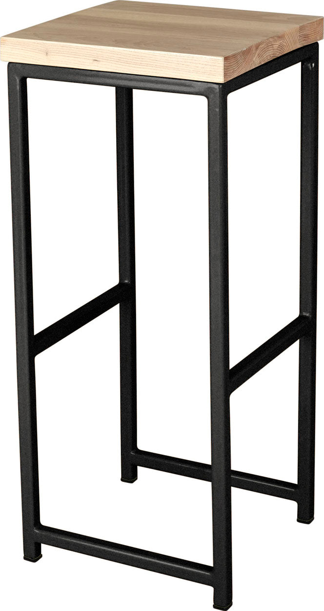 Gloss black metal stool with whitewash stain ash wood made in UK - angle view square frame