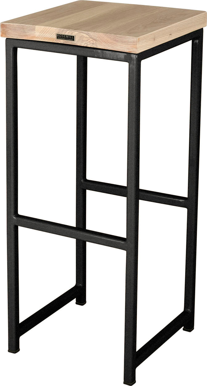 Gloss black metal stool with whitewash stain ash wood made in UK - back side view square frame