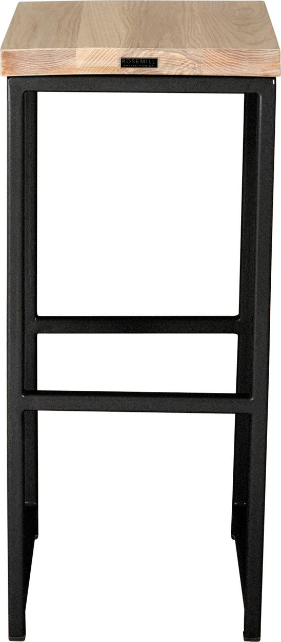 Gloss black metal stool with whitewash stain ash wood made in UK - back view square frame