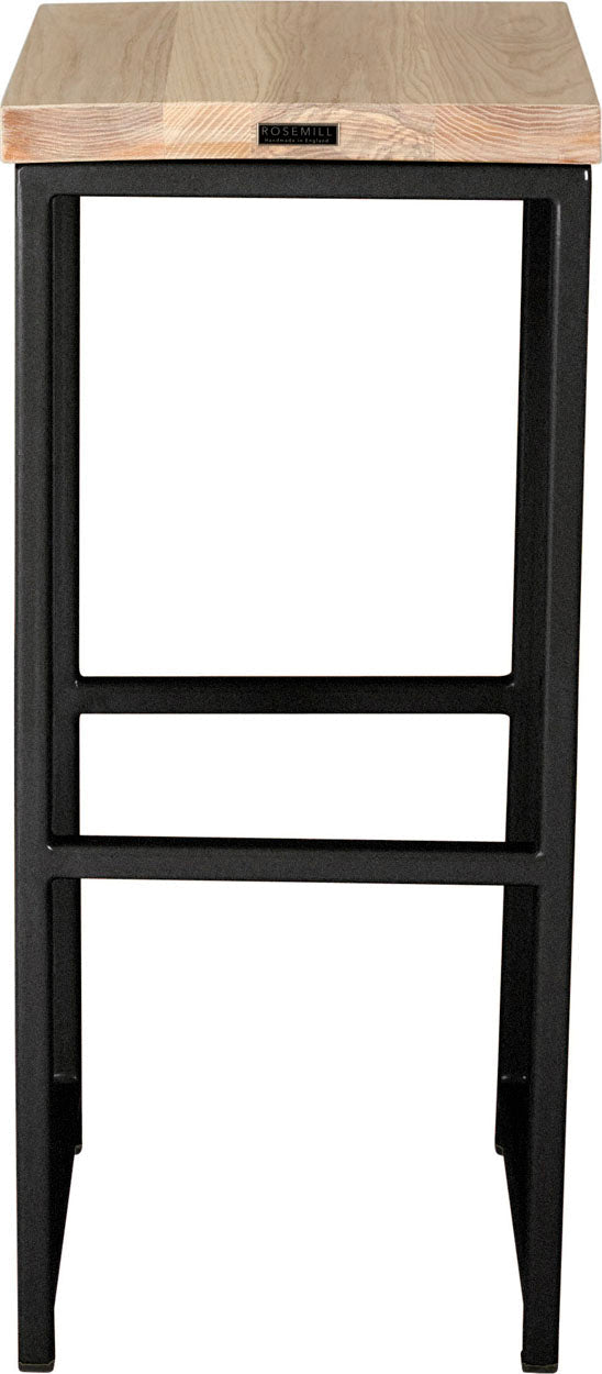 Gloss black metal stool with whitewash stain ash wood made in UK - back view square frame
