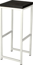 Load image into Gallery viewer, Gloss white metal stool with black stain ash wood made in UK - angle view square frame
