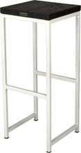 Load image into Gallery viewer, Gloss white metal stool with black stain ash wood made in UK - back side view square frame
