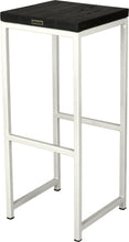 Load image into Gallery viewer, Gloss white metal stool with black stain ash wood made in UK - back side view square frame
