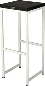 Gloss white metal stool with black stain ash wood made in UK - back side view square frame