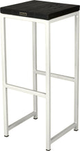 Load image into Gallery viewer, Gloss white metal stool with black stain ash wood made in UK - back side view square frame
