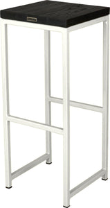 Gloss white metal stool with black stain ash wood made in UK - back side view square frame