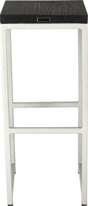 Gloss white metal stool with black stain ash wood made in UK - back view square frame