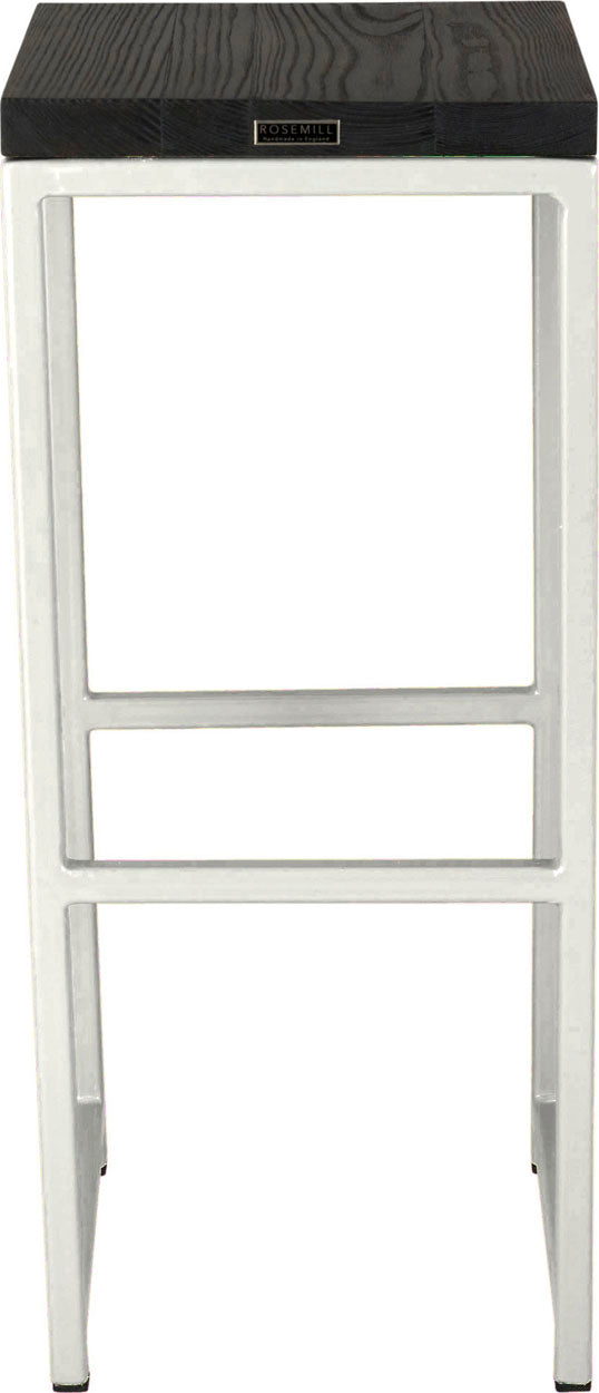 Gloss white metal stool with black stain ash wood made in UK - back view square frame