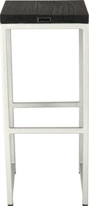 Gloss white metal stool with black stain ash wood made in UK - back view square frame