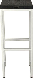 Gloss white metal stool with black stain ash wood made in UK - back view square frame