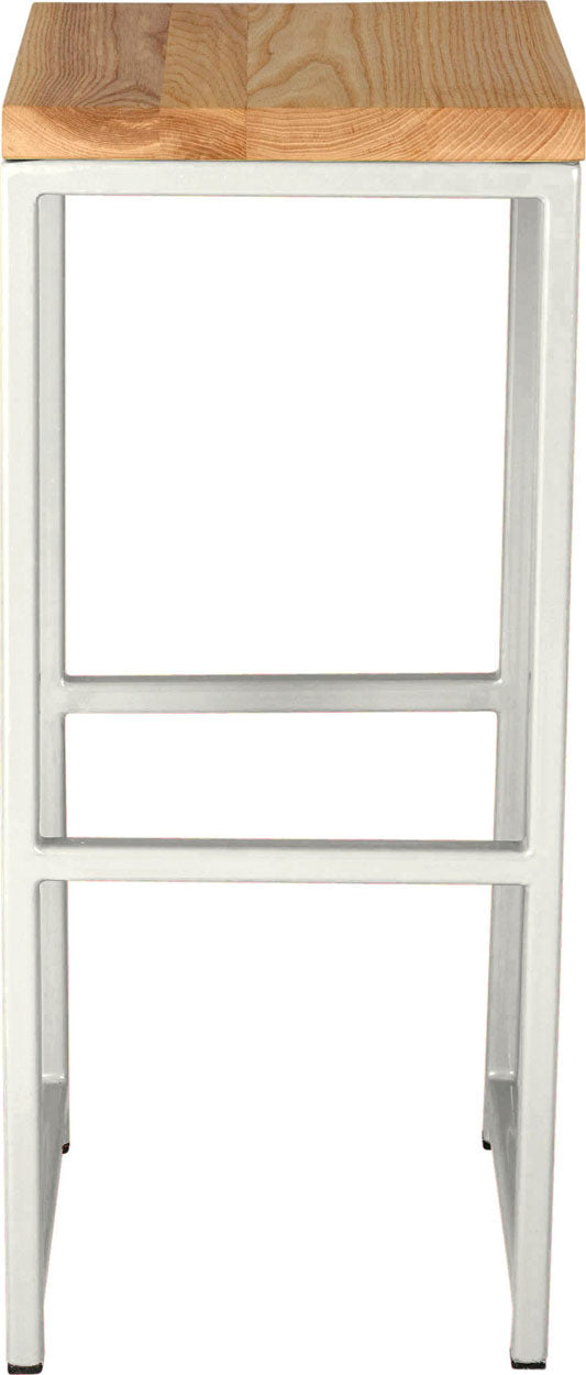 Gloss white metal stool with natural stain ash wood made in UK - front view square frame