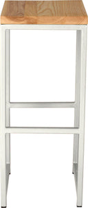 Gloss white metal stool with natural stain ash wood made in UK - front view square frame