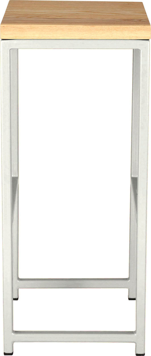 Gloss white metal stool with natural stain ash wood made in UK - side view square frame