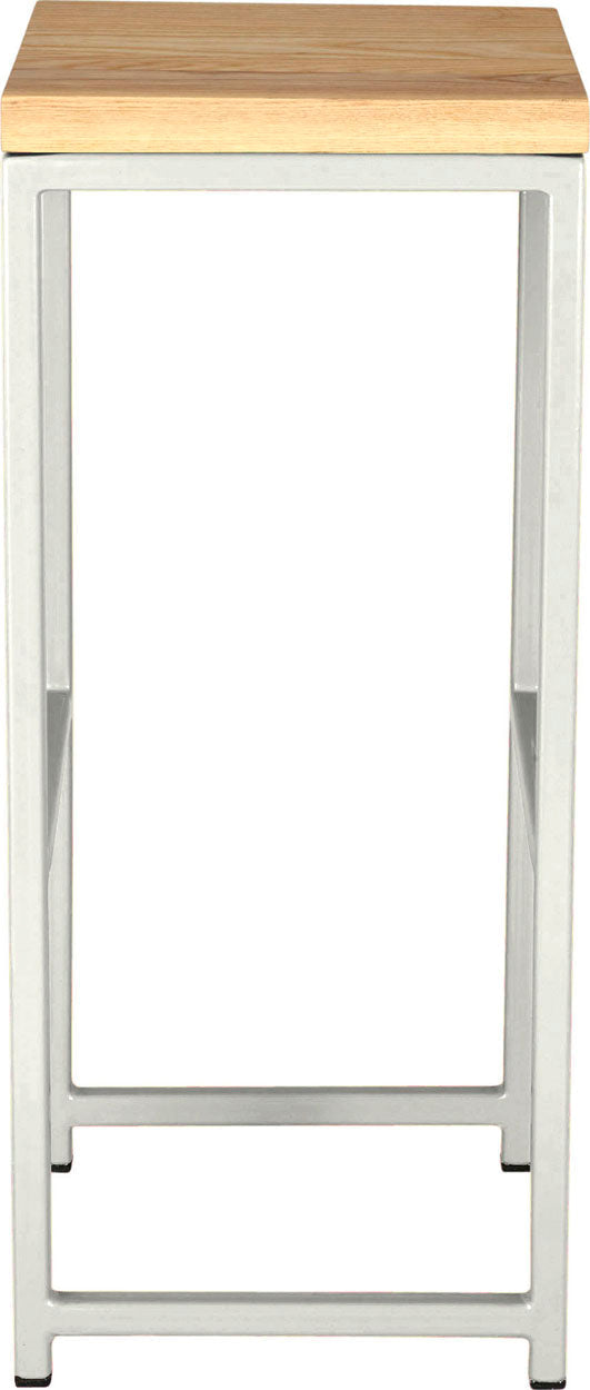 Gloss white metal stool with natural stain ash wood made in UK - side view square frame