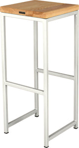 Gloss white metal stool with natural stain ash wood made in UK - back side view square frame