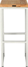 Load image into Gallery viewer, Gloss white metal stool with natural stain ash wood made in UK - back view square frame
