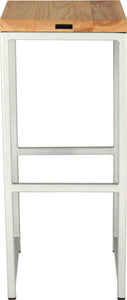 Gloss white metal stool with natural stain ash wood made in UK - back view square frame