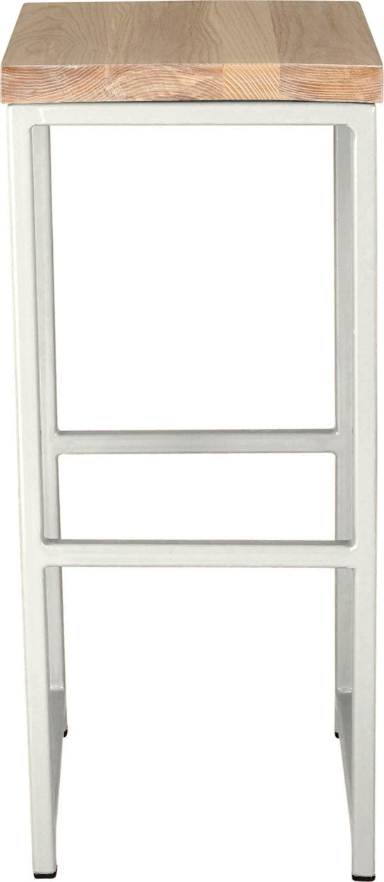 Gloss white metal stool with whitewash stain ash wood made in UK - front view square frame