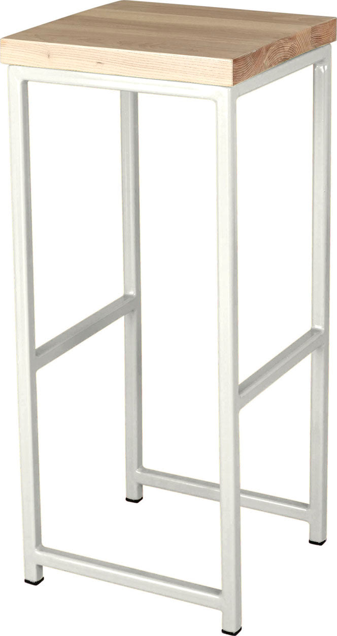 Gloss white metal stool with whitewash stain ash wood made in UK - angle view square frame
