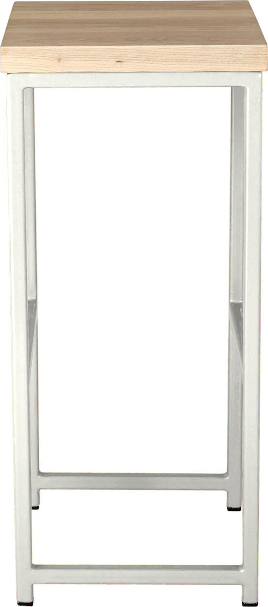 Gloss white metal stool with whitewash stain ash wood made in UK - side view square frame