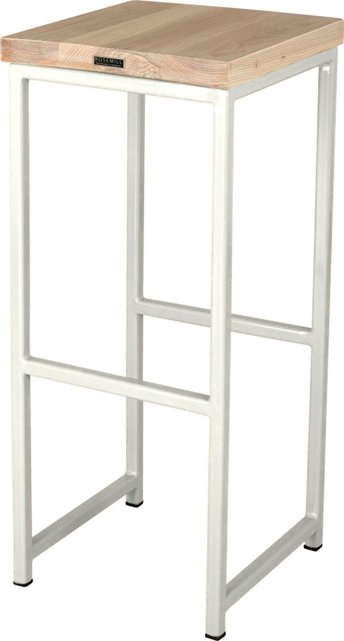 Gloss white metal stool with whitewash stain ash wood made in UK - back side view square frame