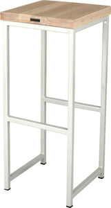 Gloss white metal stool with whitewash stain ash wood made in UK - back side view square frame