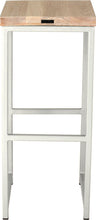 Load image into Gallery viewer, Gloss white metal stool with whitewash stain ash wood made in UK - back view square frame
